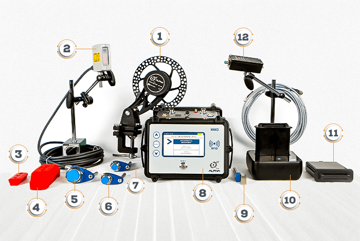 Complete MMD modular measurement device kit with inductive sensors, measuring wheel, and accessories